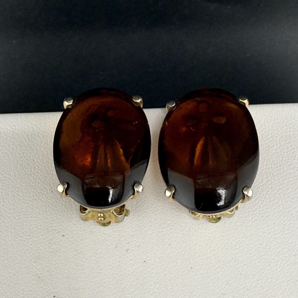 Vintage Schiaparelli Clip On Earrings Gold Tone Brown Glass